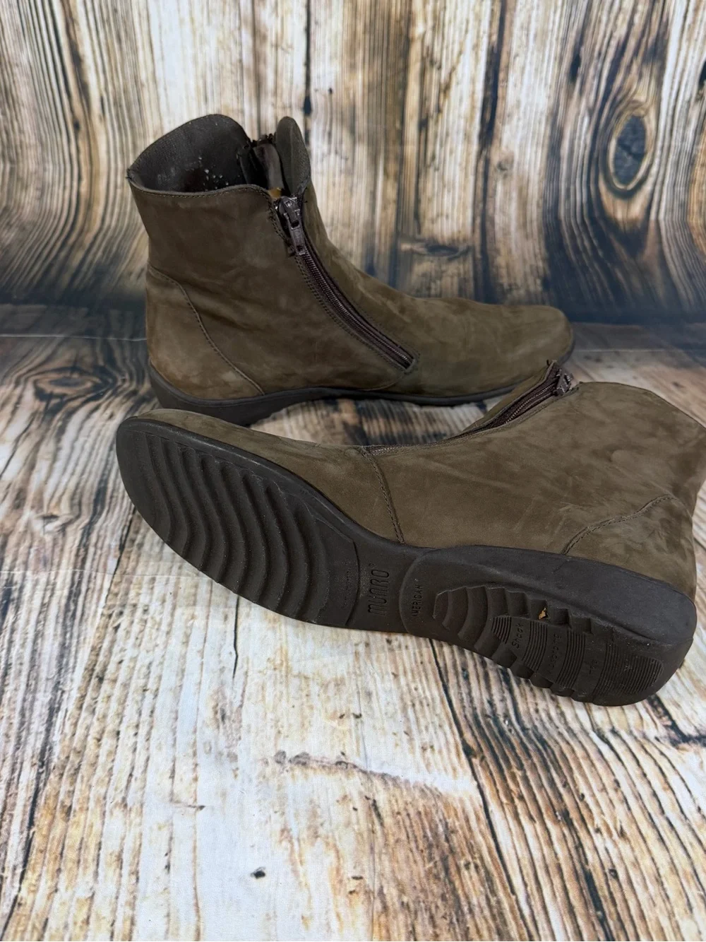 Munro American Nubuck Ankle Boots Womens 8.5 N Olive Brown Double Zip Wedge